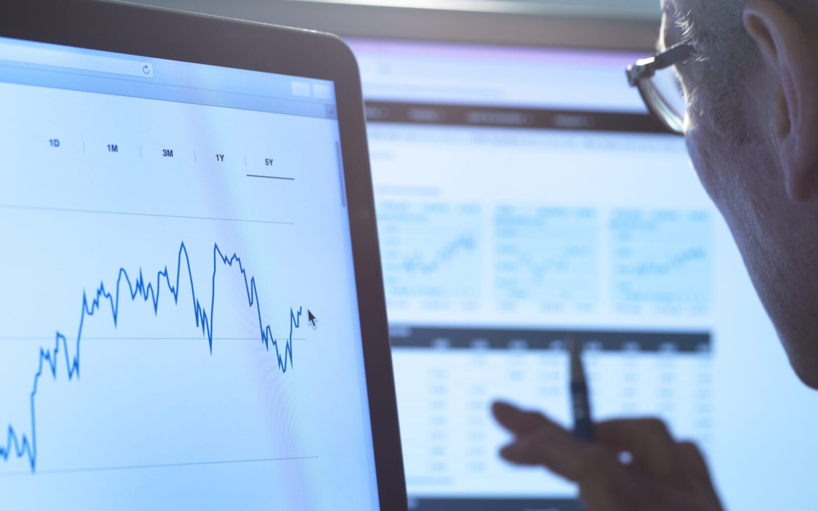 Manager monitoring IoT asset performance data on dashboard screens