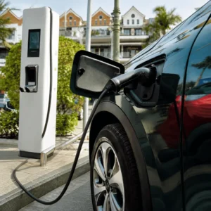 Electric vehicle plugged into a public EV charging station